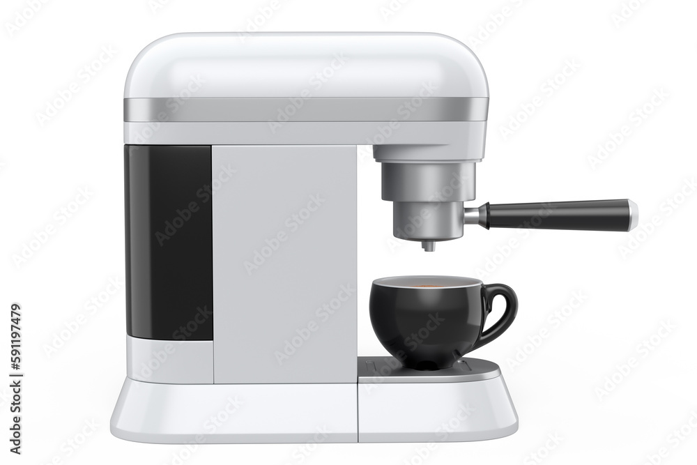 Espresso coffee machine with a horn and ceramic coffee cup on white background. Espresso coffee machine with a horn and ceramic coffee cup on white background.