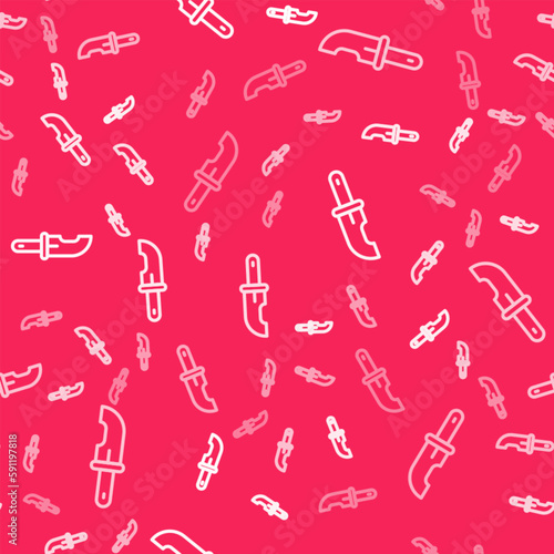 White line Hunter knife icon isolated seamless pattern on red background. Army knife. Vector