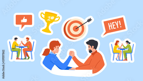 Set Of Stickers With Business People Engaged In An Arm-wrestling Match, Displaying Strength Vector Illustration