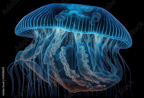 Blue Glowing Jellyfish - The Jellyfish is a transparent gelatinous predator that uses its stinging tentacles to catch fish and small prey. Generative AI