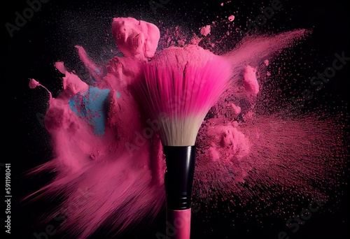 bright pink splashes of cosmetic powder blush on brushes on black background. Generative AI