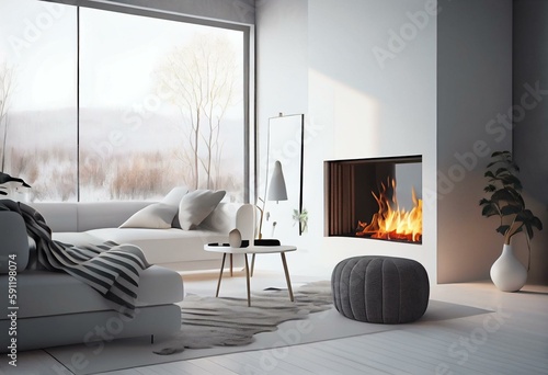 Modern style white living room Furnished with a minimal fireplace with flames and white fabric furniture 3d render The room has a parquet floor and white window overlooking bright. Generative AI