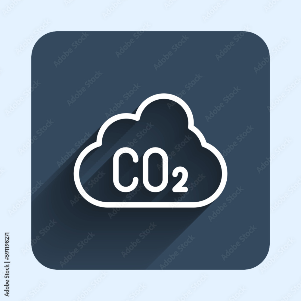 White line CO2 emissions in cloud icon isolated with long shadow background. Carbon dioxide formula, smog pollution concept, environment concept. Blue square button. Vector White line CO2 emissions in cloud icon isolated with long shadow background. Carbon dioxide formula, smog pollution concept, environment concept. Blue square button. Vector
