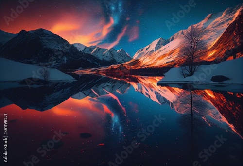 a lake surrounded by snow covered mountains under a colorful sky with aurora lights in the background and a reflection of the water in the water below it, with a reflection of a tree,. Generative AI