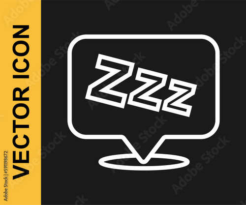 White line Sleepy icon isolated on black background. Sleepy zzz talk bubble. Vector