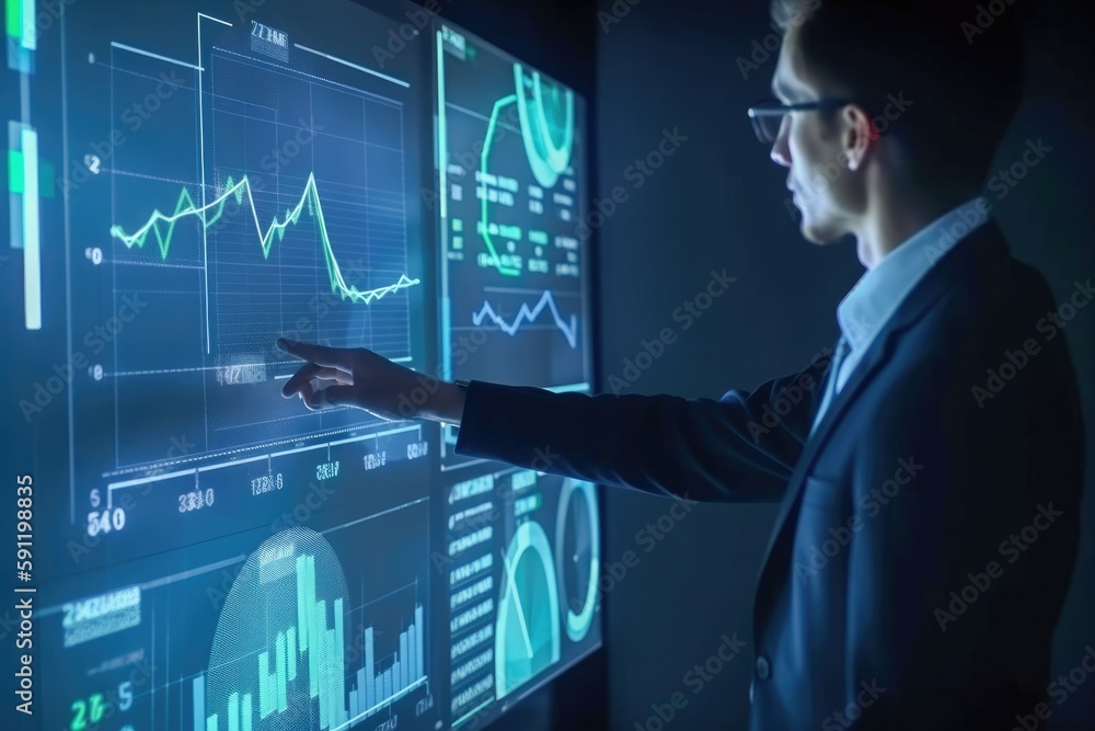 Financial management technology business dashboard finance data analytics graphs on virtual screen Generative AI Illustration Financial management technology business dashboard finance data analytics graphs on virtual screen Generative AI Illustration