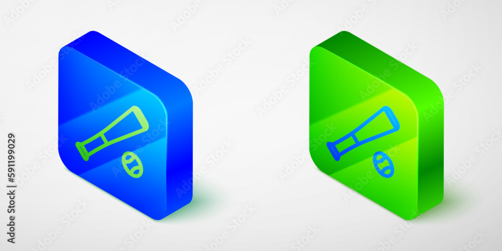 Isometric line Baseball bat with ball icon isolated on grey background. Blue and green square button. Vector Isometric line Baseball bat with ball icon isolated on grey background. Blue and green square button. Vector