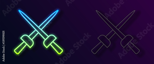 Glowing neon line Fencing icon isolated on black background. Sport equipment. Vector
