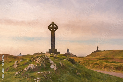 Digital painting of the Llanddwyn island lighthouse, Twr Mawr at Ynys Llanddwyn on Anglesey, North Wales.