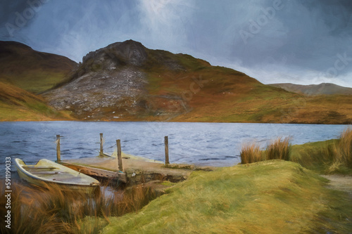 Digital painting of panoramic views of Llyn y Dywarchen, and Snowdon in the Snowdonia National Park, Wales. photo