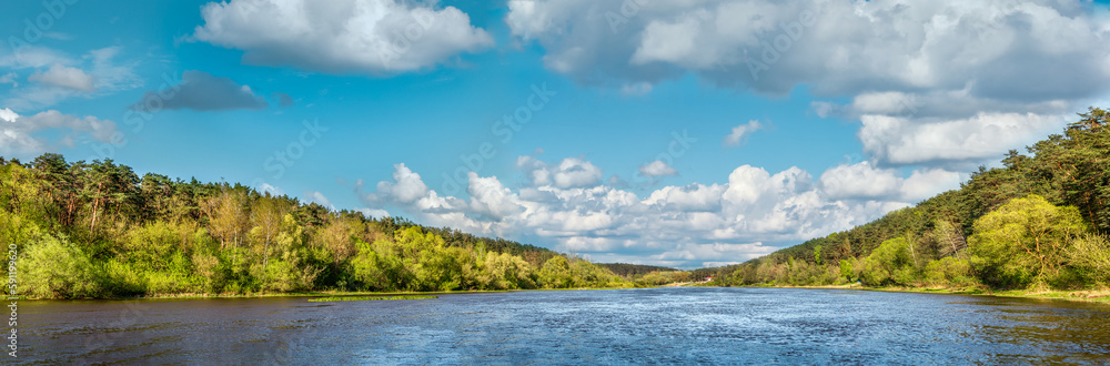 Panoramic view of the Neman River in Grodno in summer with beautiful landscapes.
