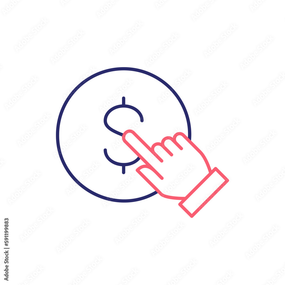 Finger click the coin, button press, finger touch on money outline color icon. Finance, payment, invest finance symbol design. Finger click the coin, button press, finger touch on money outline color icon. Finance, payment, invest finance symbol design.