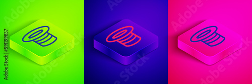 Isometric line Magic hat icon isolated on green, blue and pink background. Magic trick. Mystery entertainment concept. Square button. Vector