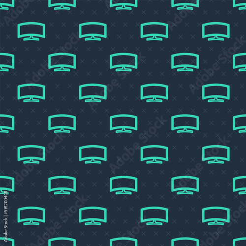 Green line Computer monitor icon isolated seamless pattern on blue background. PC component sign. Vector