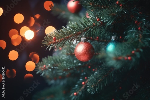Close up view of beautiful fir branches with shiny colorful bauble or ball  xmas ornaments and lights  christmas holidays background. Generative Ai.