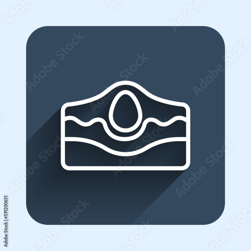 White line Acne icon isolated with long shadow background. Inflamed pimple on the skin. The sebum in the clogged pore promotes the growth of a bacteria. Blue square button. Vector