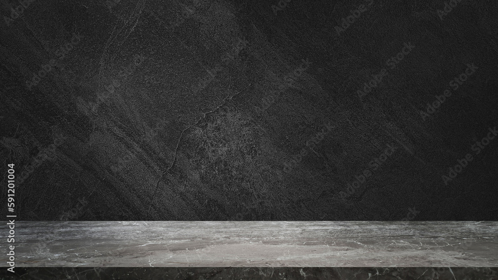empty grey marble tabletop with dark black cement stone background for product displayed in rustic mood and tone. luxury background for product stand with empty copy space for party, promotion. - obrazy, fototapety, plakaty 