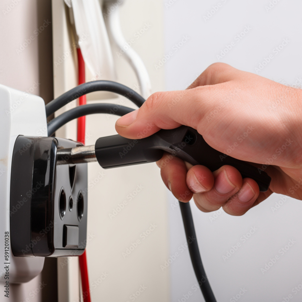 A hand outstretched grasps a power cord, unplugging it from a socket on