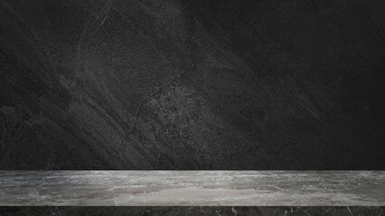 empty grey marble tabletop with dark black cement stone background for product displayed in rustic mood and tone. luxury background for product stand with empty copy space for party, promotion.