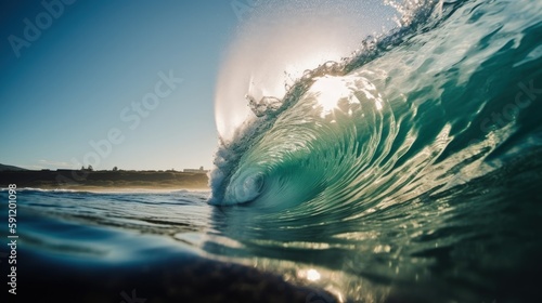 Perfect wave rolling towards the shor - warm sunlight - clear blue water - sun behind the wave photo