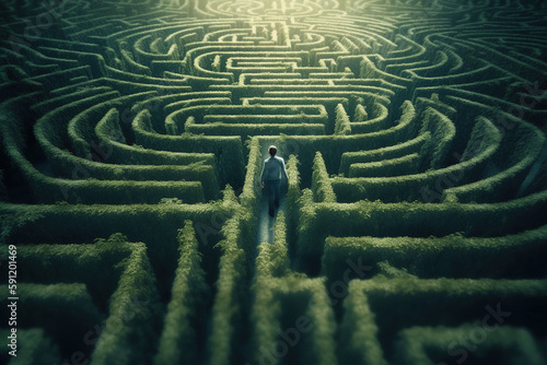 Man entering in green hedge complex maze, created with Generative AI.