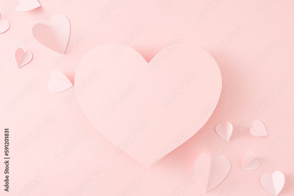 Mother's Day concept. Top view photo of pink origami paper hearts on isolated pastel pink background with blank space. Valentines day celebration idea