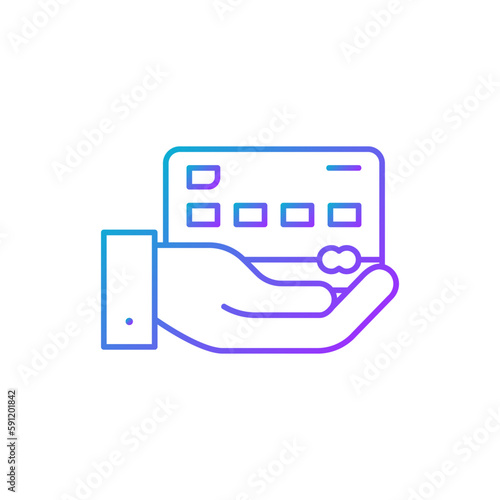 Hand holding credit card, payment with card, NFC payment gradient lineal icon. Shopping, online banking, finance symbol design.