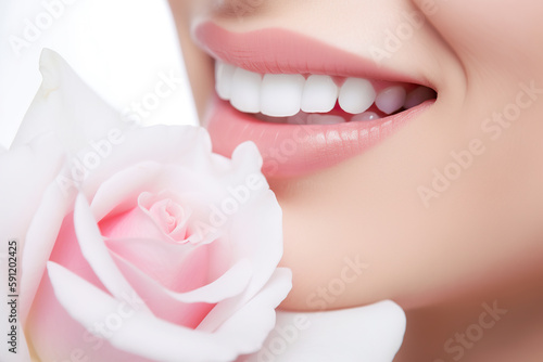 Beautiful fashion portrait of a woman with perfect white smile and a rose. Generative AI