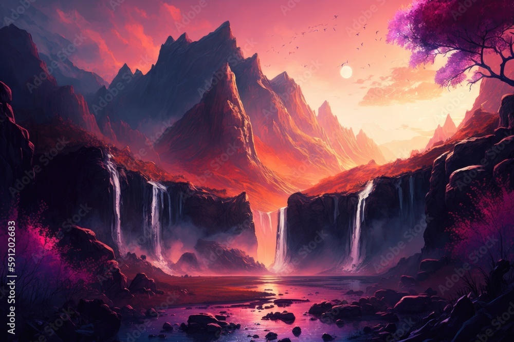 Abstract landscape mountains and waterfalls, The sky is ablaze with vibrant hues of orange, pink, and purple as the sun sets on the horizon, AI generated