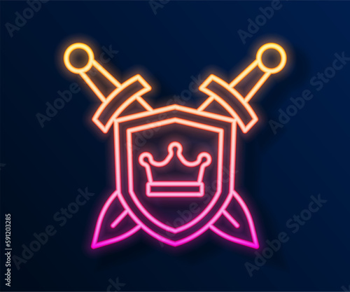 Glowing neon line Medieval shield with crossed swords icon isolated on black background. Vector