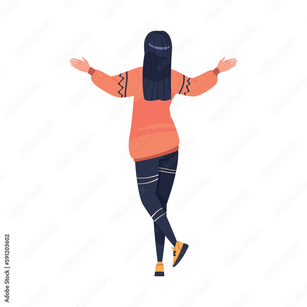 Back View of Standing Woman Reaching Out Hands Looking at Something Vector Illustration