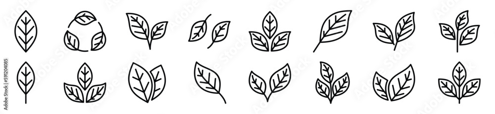 Leaf icons vector set in line style. Leaves, ecology, tea, nature, green plant sign and symbol on white background. Vector illustration
