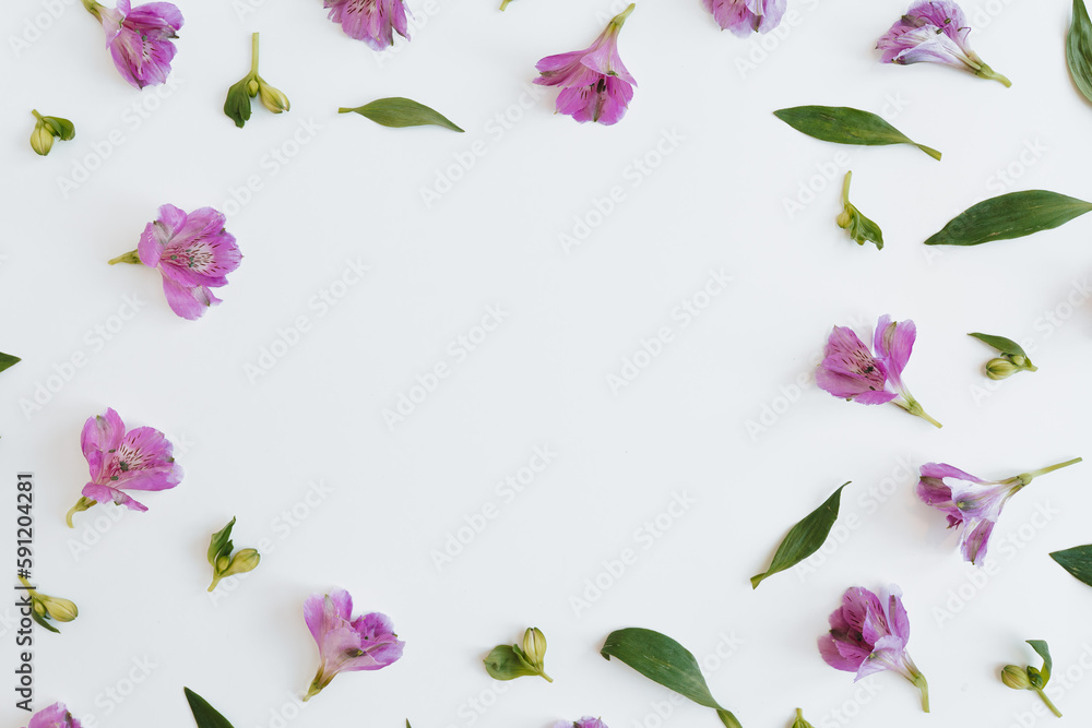 Blank frame with blank mockup copy space made of elegant purple violet flowers and leaves. Flat lay, top view brand, blog, website, social media template Blank frame with blank mockup copy space made of elegant purple violet flowers and leaves. Flat lay, top view brand, blog, website, social media template