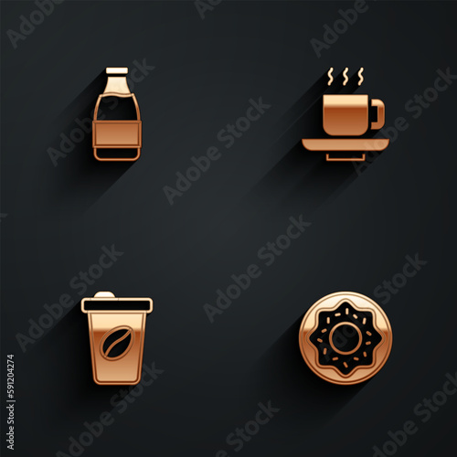 Set Milk bottle, Coffee cup, to go and Donut icon with long shadow. Vector