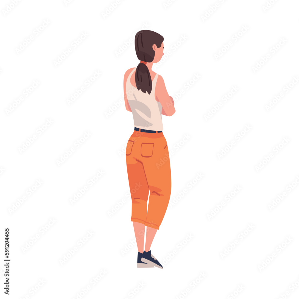 Back View of Standing Woman Looking at Something Vector Illustration Back View of Standing Woman Looking at Something Vector Illustration