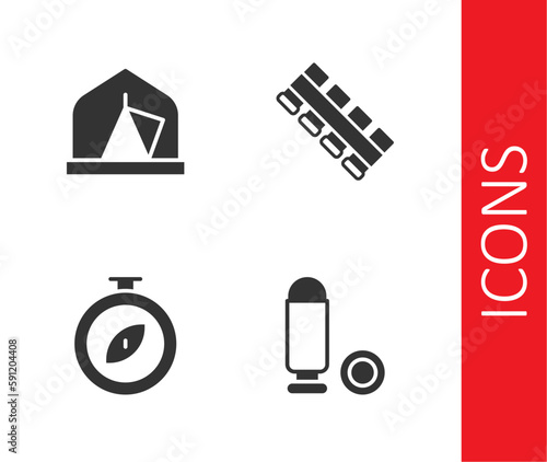 Set Bullet, Tourist tent, Compass and Hunting cartridge belt icon. Vector