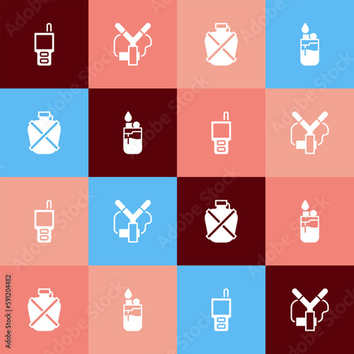 Set pop art Walkie talkie, Slingshot, Canteen water bottle and Lighter icon. Vector