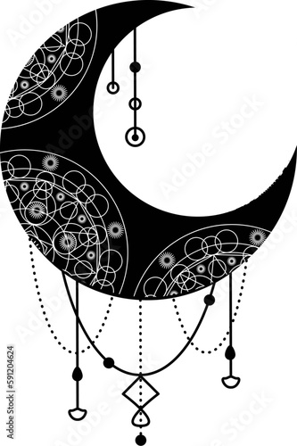 Black moon, crescent symbol with decorative ornament. Mystic symbol in boho style. Magic spa, manicure, jewelry store element. Sacred vector sign isolated on white background