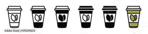 Tea cup icons vector set in line and flat style. Disposable coffee cup and tea cup. Coffee or tea paper cup, plastic container for hot and cold drink, juice, tea, cocoa and other. Vector illustration