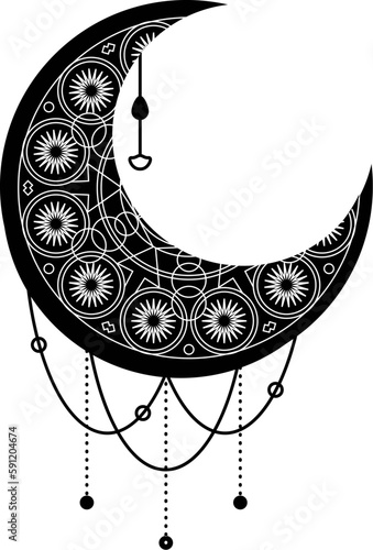 Black moon, crescent symbol with decorative ornament. Mystic symbol in boho style. Magic spa, manicure, jewelry store element. Sacred vector sign isolated on white background
