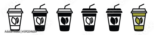 Tea cup icons vector set in line and flat style. Disposable coffee cup and tea cup. Coffee or tea paper cup, plastic container for hot and cold drink, juice, tea, cocoa and other. Vector illustration