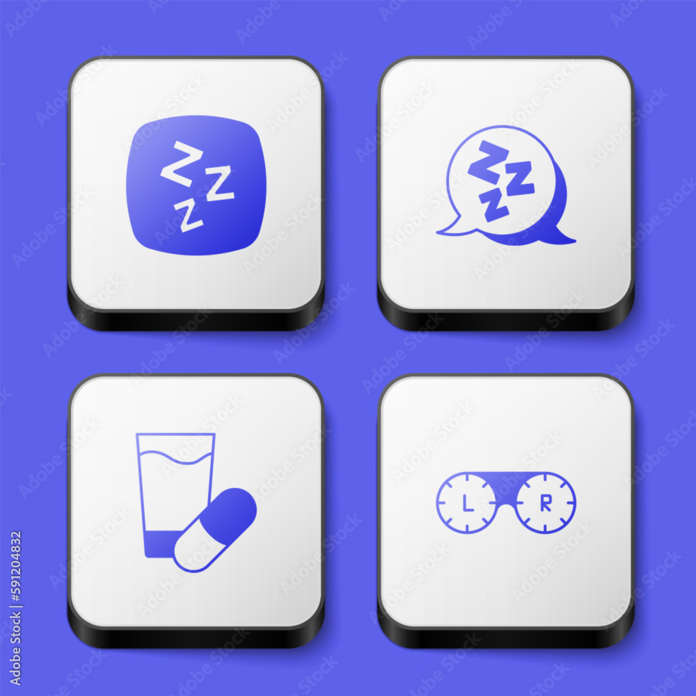 Set Sleepy, Sleeping pill and Contact lens container icon. White square button. Vector Set Sleepy, Sleeping pill and Contact lens container icon. White square button. Vector