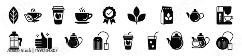 Coffee and Tea icons vector set. Cup, leaf, packaging, tea bag, glasses, certificate, teapot, disposable cup, machine, recommended, thumbs up icons in flat style. Editable Stroke. Vector illustration