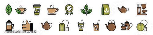 Coffee and Tea icons vector set. Cup, leaf, packaging, tea bag, glasses, certificate, teapot, disposable cup, machine, recommended, thumbs up icons in color style. Editable Stroke. Vector illustration