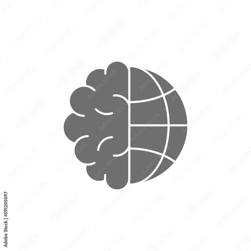 Human brain with globe earth grey fill icon. Global technology, internet, social network symbol design.