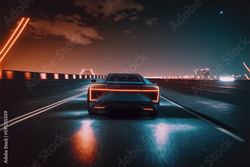 Cyber neon driving green power sport car with hybrid technology automotive in futuristic. Concept of light glowing on dark city view in night life. Finest generative AI.