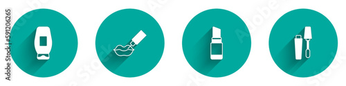 Set Bottle of shampoo, Lip augmentation, Lipstick and Mascara brush icon with long shadow. Vector