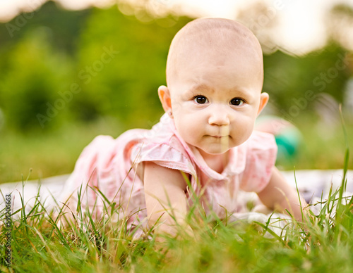Little toddler baby learning to crawl on a picnic blanket in nature - Young tot girl on all fours smiling and looking on a blade of grass - Family outdoors concept with a little girl in a park