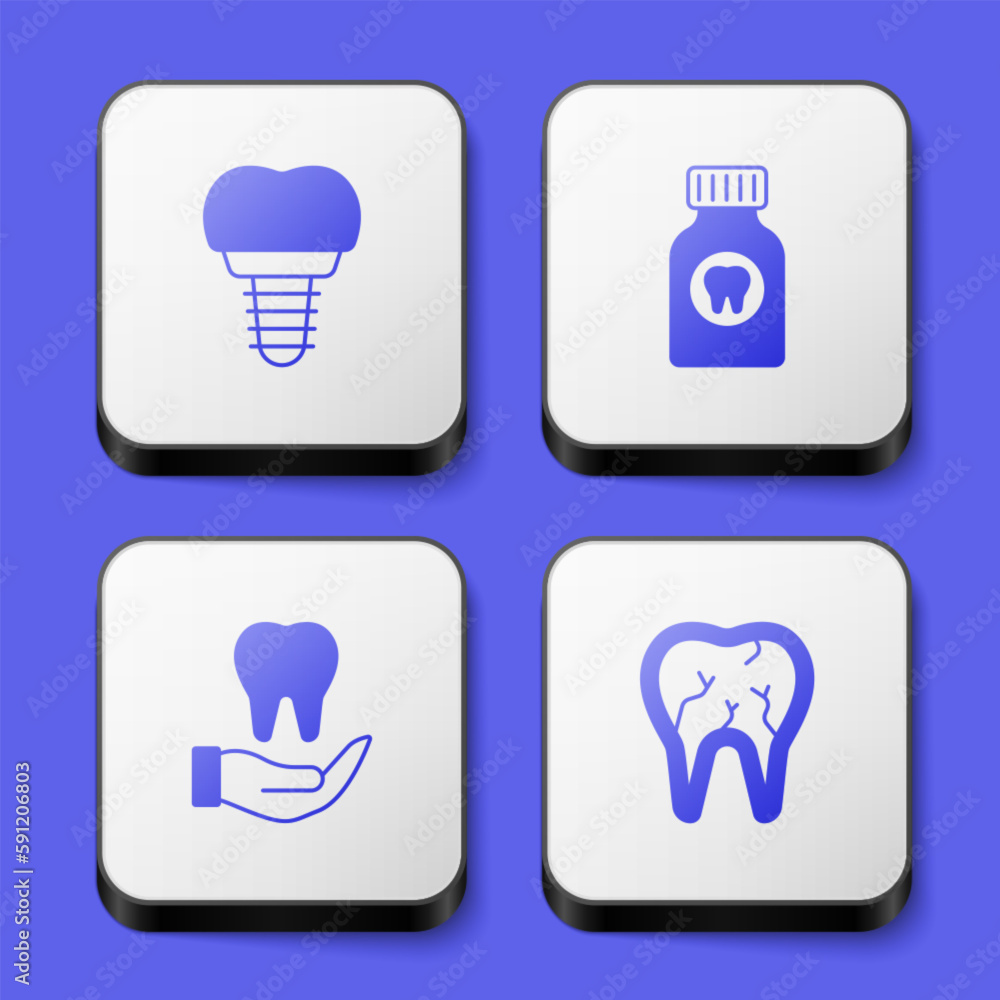 Set Dental implant, Toothache painkiller tablet, and Broken tooth icon. White square button. Vector