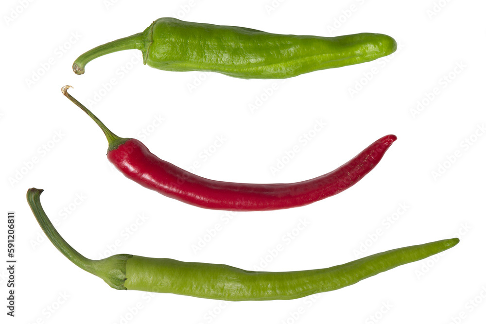 hot red and green pepper pod set isolated on white or transparent background, cut out